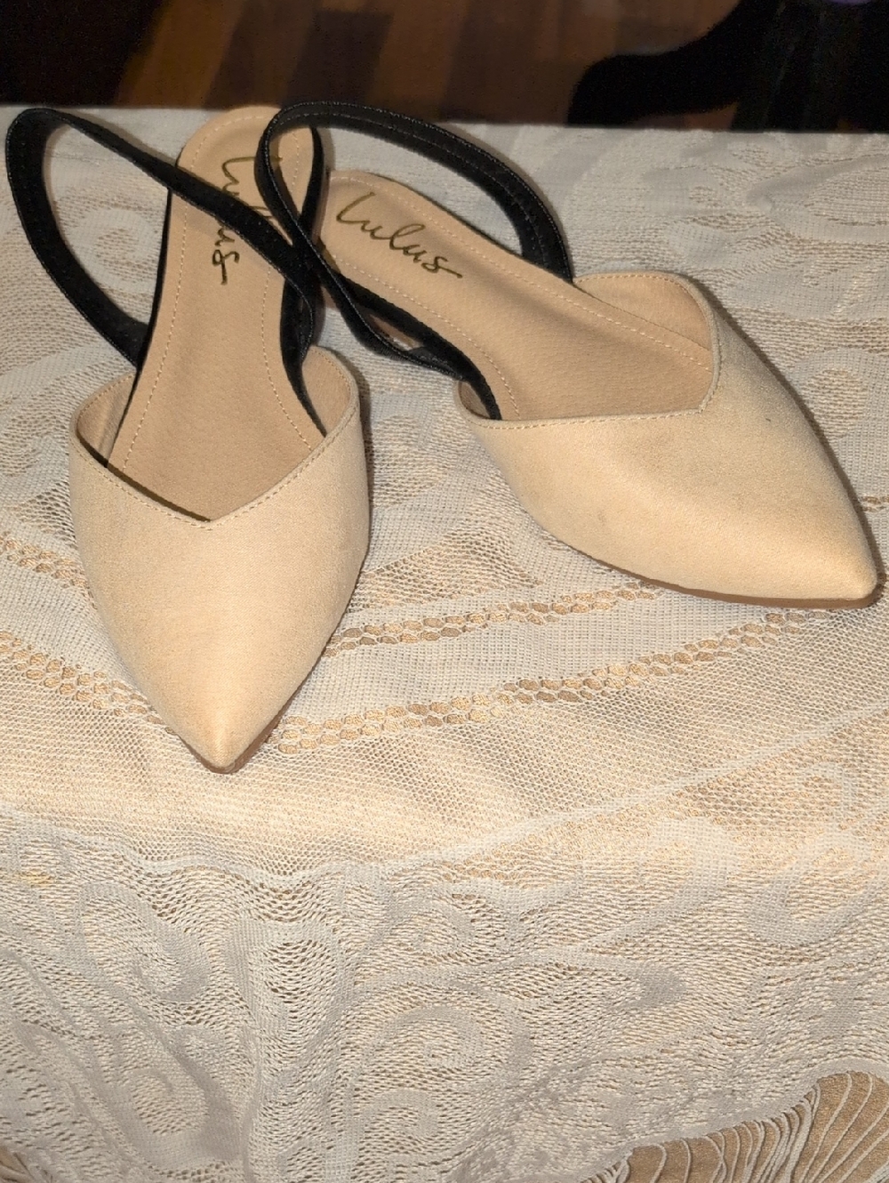 Lulu's Nude Pointed-Toe Slingback Flats with Elastic Black Strap
